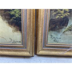 David Motley (British 19th century): River Landscape with Bridge and Angler, pair oils on board signed and dated 1882 & 1884, 40cm x 20cm (2)