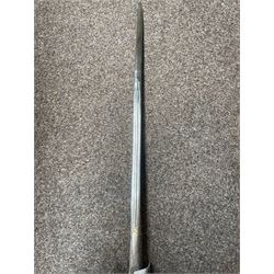 George V basket hilted broad sword with engraved blade, wire wound fish skin grip and field service scabbard, blade length 83cm