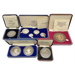 Commemorative coins and medallions, including hallmarked silver poultry medal, Royal Mint 'College of Arms Quincentenary Commemorative Medal', Selby Abbey '1069 1969' medallion, two medallions commemorating the Investiture of H.R.H. Prince Charles 1st July 1969 and a set of four coins commemorating the Investiture of Prince Charles, all cased 