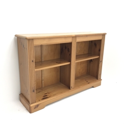 Solid pine open bookcase, four shelves, plinth base, W121cm, H80cm, D30cm