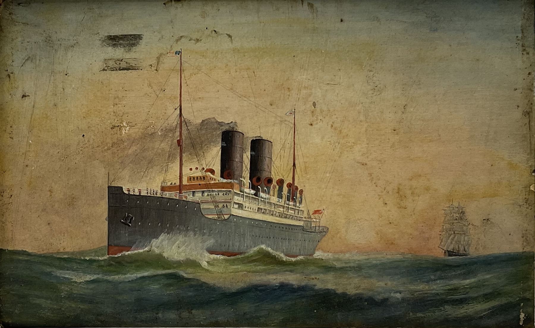 J H (Early 20th century): 'SS Cameronia' & 'SS Caledonia' - Steam Ship Portraits, pair oils on board, signed with initials titled and dated 1913 verso 14cm x 23cm (2)
Notes: The CAMERONIA was a Passenger/Cargo Vessel of 10,963 tons built in 1911 by D & W Henderson Ltd Glasgow, Yard No 472 for the Anchor Line, Glasgow. Her Maiden voyage was from Glasgow to Moville and New York on 13th September 1911. She acted as troopship from 1917. On the 15th April 1917 she was torpedoed and sank in 40 minutes when about 150 miles E of Malta. Around 200 lives lost out of approximately 2,700. The CALEDONIA also built by D. & W. Henderson & Co. Ltd., Glasgow in 1904 and owned at the time of her loss by Anchor Line (Henderson Bros.). Requisitioned by the British Government upon the outbreak of war in 1914, met her fate in the Mediterranean on December 5th, 1916. When 125 miles E. of Malta she encountered the German submarine U-65, which torpedoed her without warning. The captain, Capt. James Blaikie, attempted to sink the submarine by ramming and actually succeeded in striking her. Capt. Blaikie was taken prisoner by the Germans 