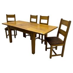 Solid oak extendable dining table and set of four matching chairs, two leaf inserts, with breadboard ends on tapered square supports (Extended length 205cm)