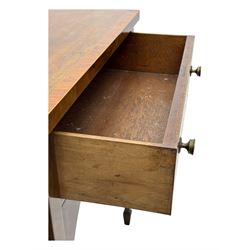 George III mahogany bow-fronted sideboard, serpentine-shaped top with crossbanded and boxwood stringing, over a central drawer flanked by deep cupboards, on square tapering supports terminating in spade feet