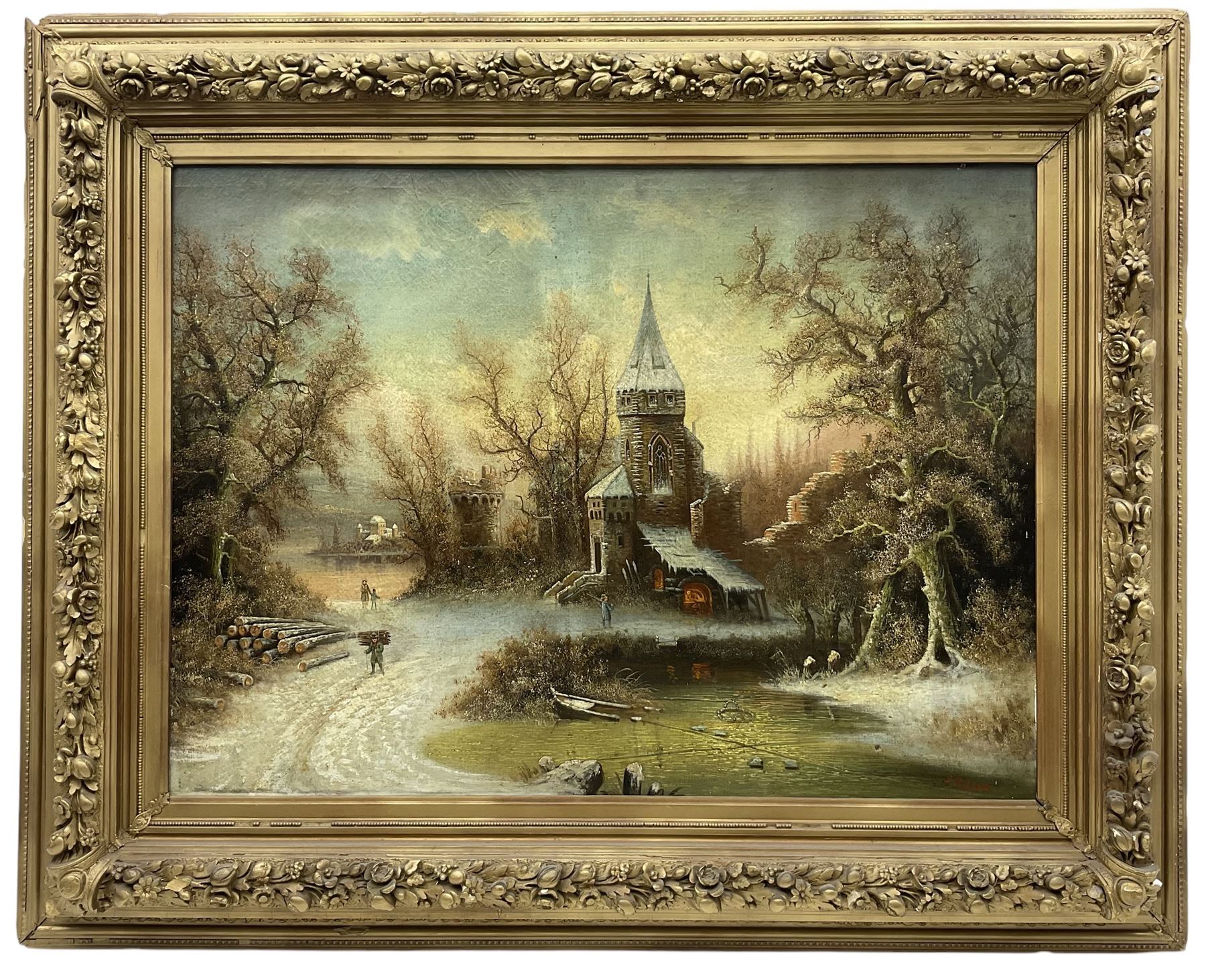 A Wilkow (Polish 19th/20th Century) Blacksmith's Workshop in a Winter Landscape, oil on canvas signed 71cm x 97cm in heavy ornate plaster gilt frame