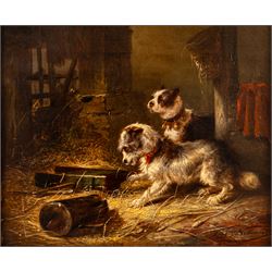 Zacharie Noterman (Belgian c1820-1890): Dogs Playing in a Stable, oil on panel signed 25cm x 30cm 