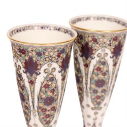 Pair of early 20th century Royal Worcester shape 2601 vases, painted with peacock feather design, marked in puce to base H16.5cm 