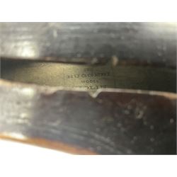 German violin c1890 with 36cm two-piece maple back and ribs and spruce top; bears label 'Antonius Stradivarius Cremona Faciebat Anno 1729' L59.5cm overall; in ebonised wooden 'coffin' case; and two German violins c1890 for completion - one bearing a Stradivarius label, the other a Ruggeri label; both in carrying cases (3)