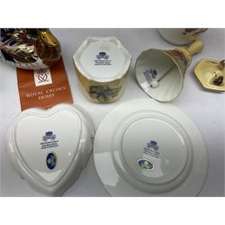 Royal Crown Derby paperweight in the form of a mallard duck, with gold stopper, together with Aynsley Orchard Gold lidded jar, bell, dish and plate, and Derby Posies pattern jar and cover, four with boxes