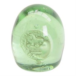 Three Victorian green glass dumps, two internally decorated with a bust profile of William Ewart Gladstone and one with a medallion to the centre, tallest H10cm