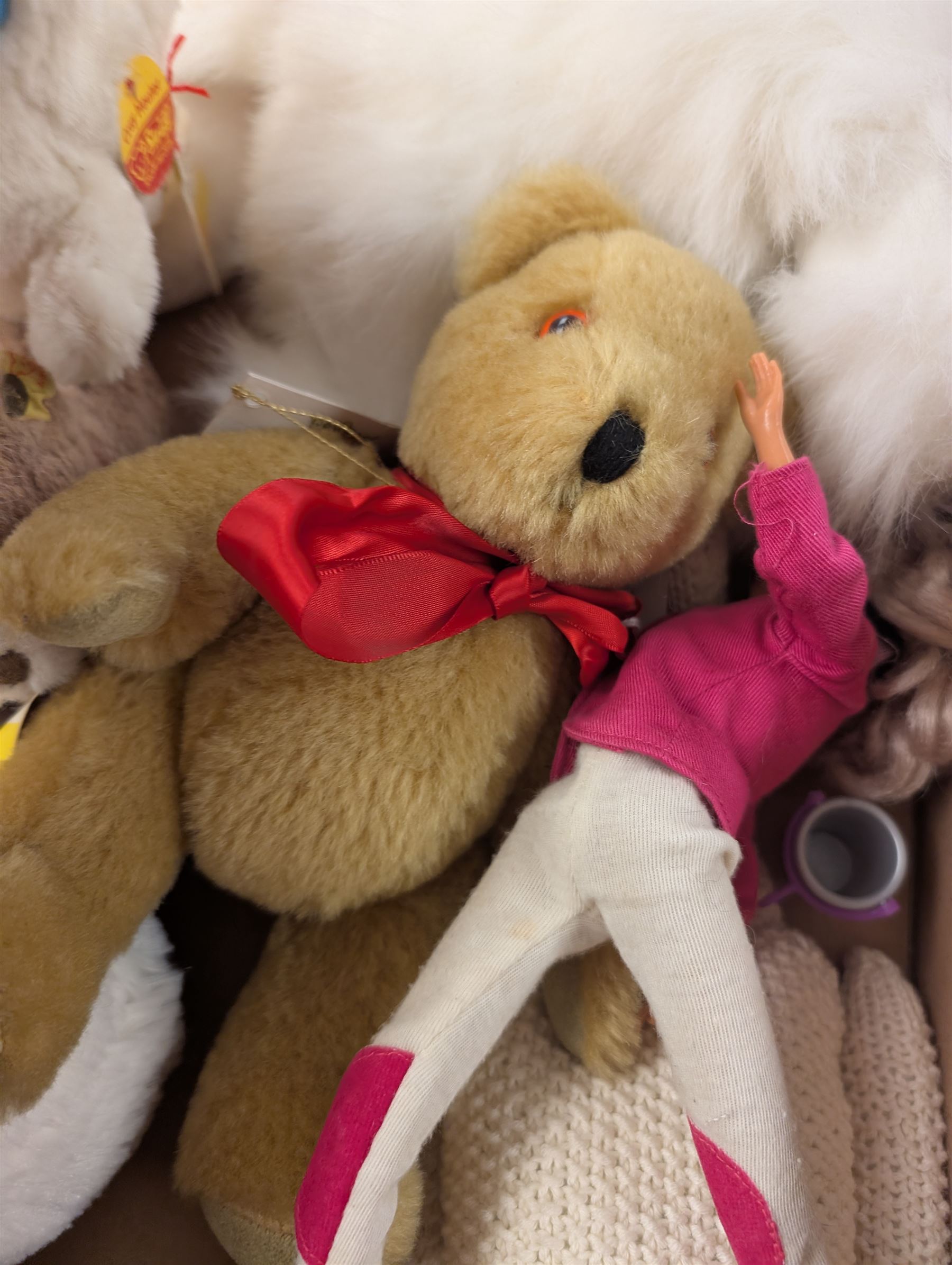 Steiff seal and a Steiff bear, Canterbury bear, Cabbage Patch doll and other soft toys