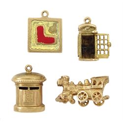 Four 9ct gold pendant/charms including telephone box, 'L' driver plate,  steam train and letterbox