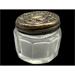 Silver coin purse, silver topped glass jar, both hallmarked together with a silver plated oval box