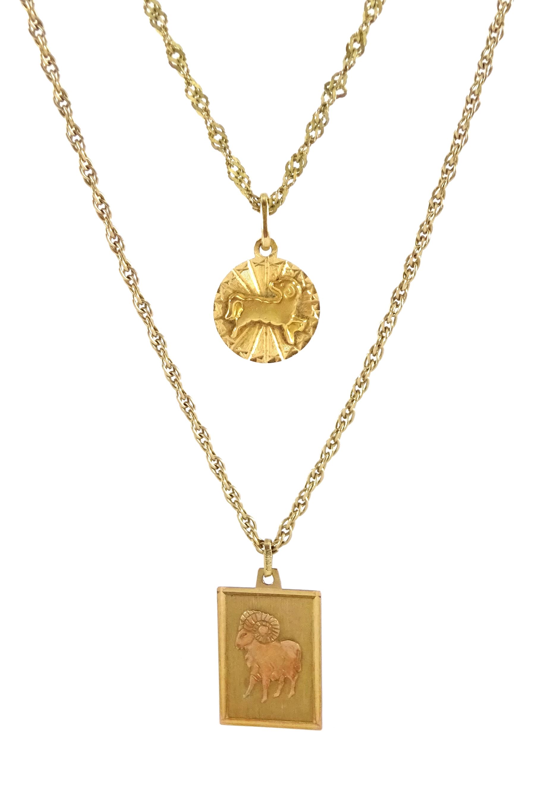9ct gold Aries zodiac pendant necklace and one other 17ct gold Aries pendant, on 9ct gold chain