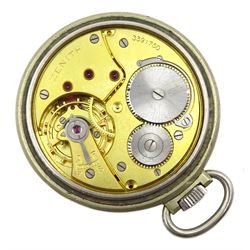 Nickle open face keyless lever pocket watch by Zenith, No. 3391750, black enamel dial with Arabic numerals and subsidiary seconds dial, screw back case