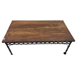 Rectangular hardwood coffee table on wrought metal base