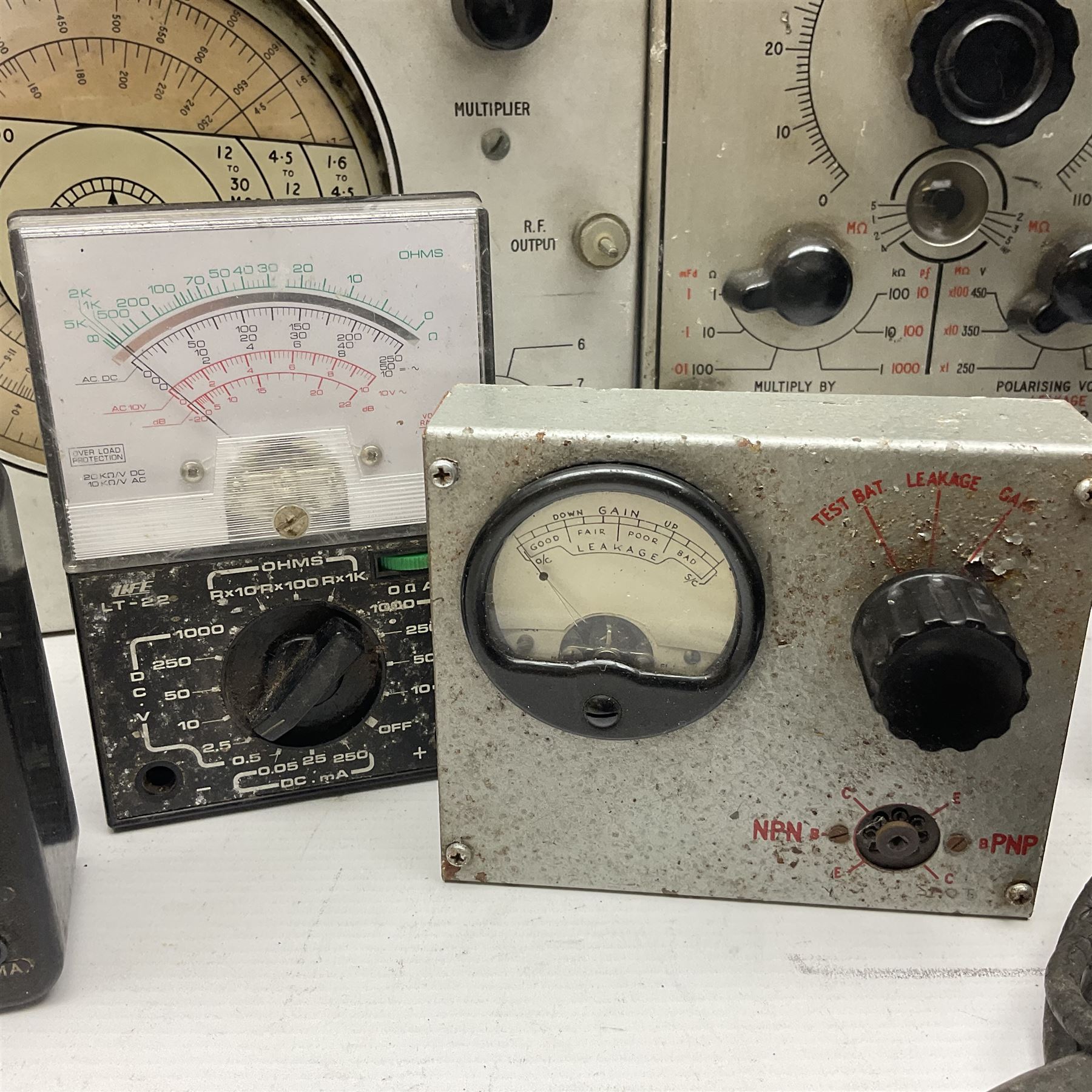Collection of electrical testing equipment, to include The Automatic Coil Winder & Electrical Equipment Company Ltd Universal Avometer and Universal Avominor, Ross RE-177M ohm meter, British Physical Laboratories Universal Bridge model RS700, Weston Electrical Instrument Co model E665, RF Signal Generator Model RS600, Radar Cathode Ray Tube Tester Reactivator, etc