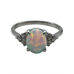 Silver cubic zirconia and opal cluster ring, boxed