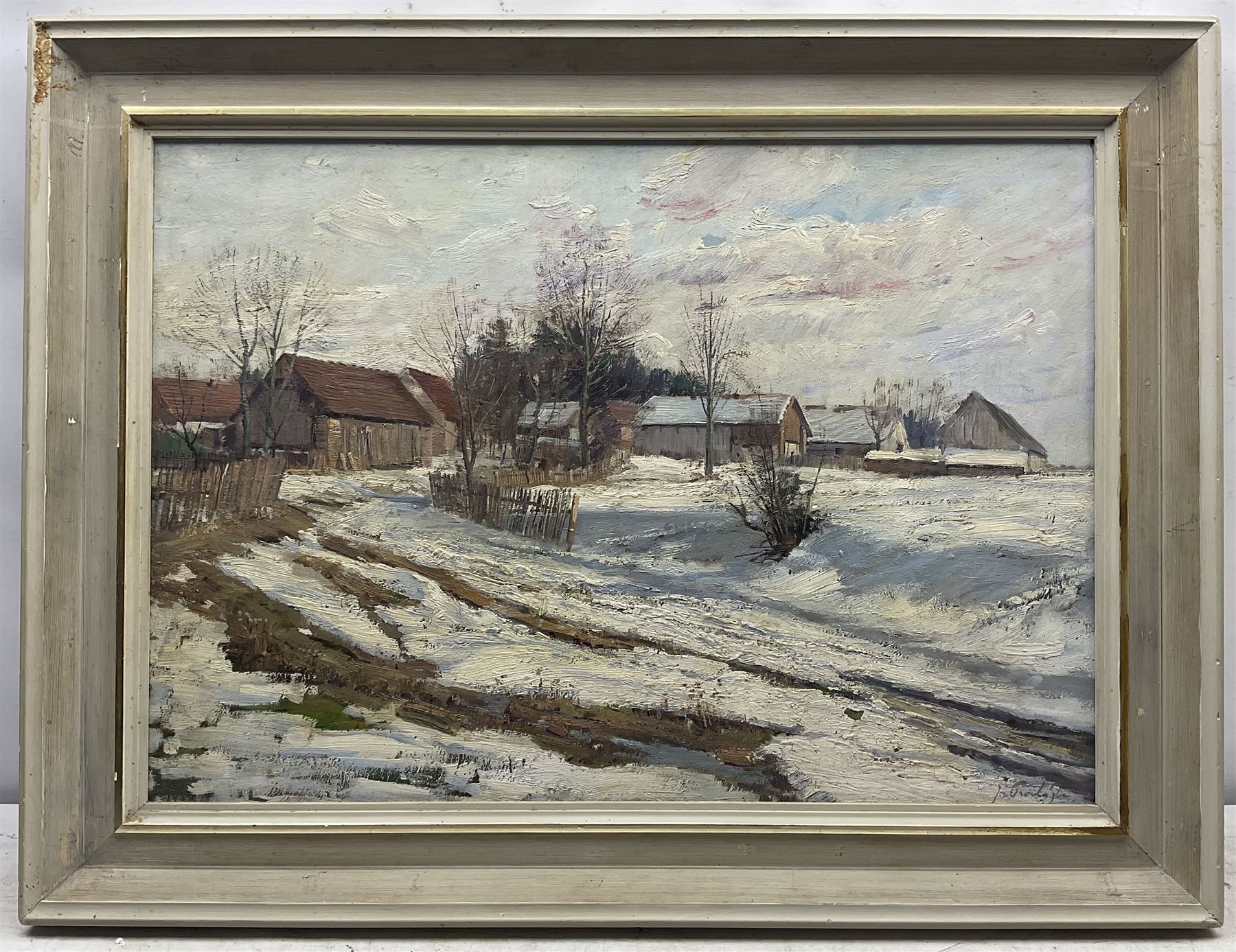 Josef Prochazka (Czech 1909-1984): Farm Buildings in the Snow, oil on board signed 49cm x 69cm