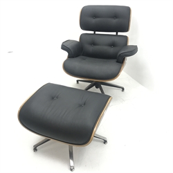 Eames style swivel chair upholstered in black fabric, five supports (W82cm) with matching footstool