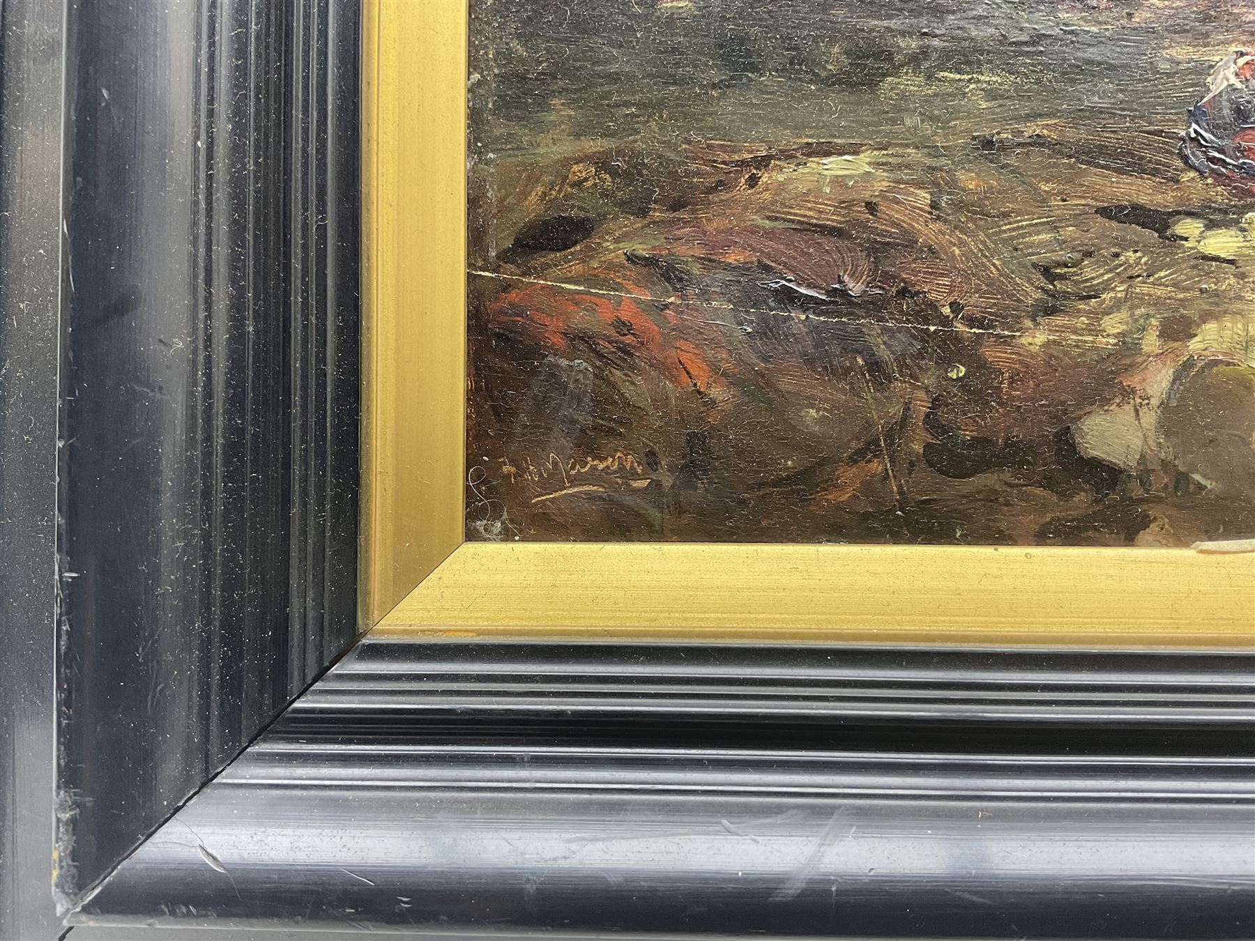 Frank Henry Mason (Staithes Group 1875-1965) and Edith Annie Mason (neé Townley-Fullam) (British 1877-1942): North African Landscape with Figures and Bridge, oil on board signed 25cm x 35cm 
Notes: Frank and Edith married on 26th February 1899 at St Matthew's Church in Elswick, Newcastle, and soon after moved to Rockside House, Blenheim Terrace, Scarborough. Edie (as she was known) was the daughter of Captain George Townley-Fullam (1841-1879), master's mate on the CSS Alabama during the American Civil War, who was lost at sea during a hurricane in the Bay of Biscay whilst captaining the steamer Marlborough.