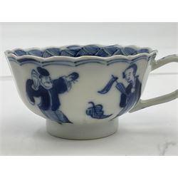 18th century Chinese blue and white Kangxi teacup and saucer, decorated with dancing figures, four character Kangxi mark beneath, saucer D10cm