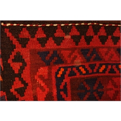  Old Ghalmori Kelim red ground rug, geometric pattern field, repeating border, 310cm x 198cm  