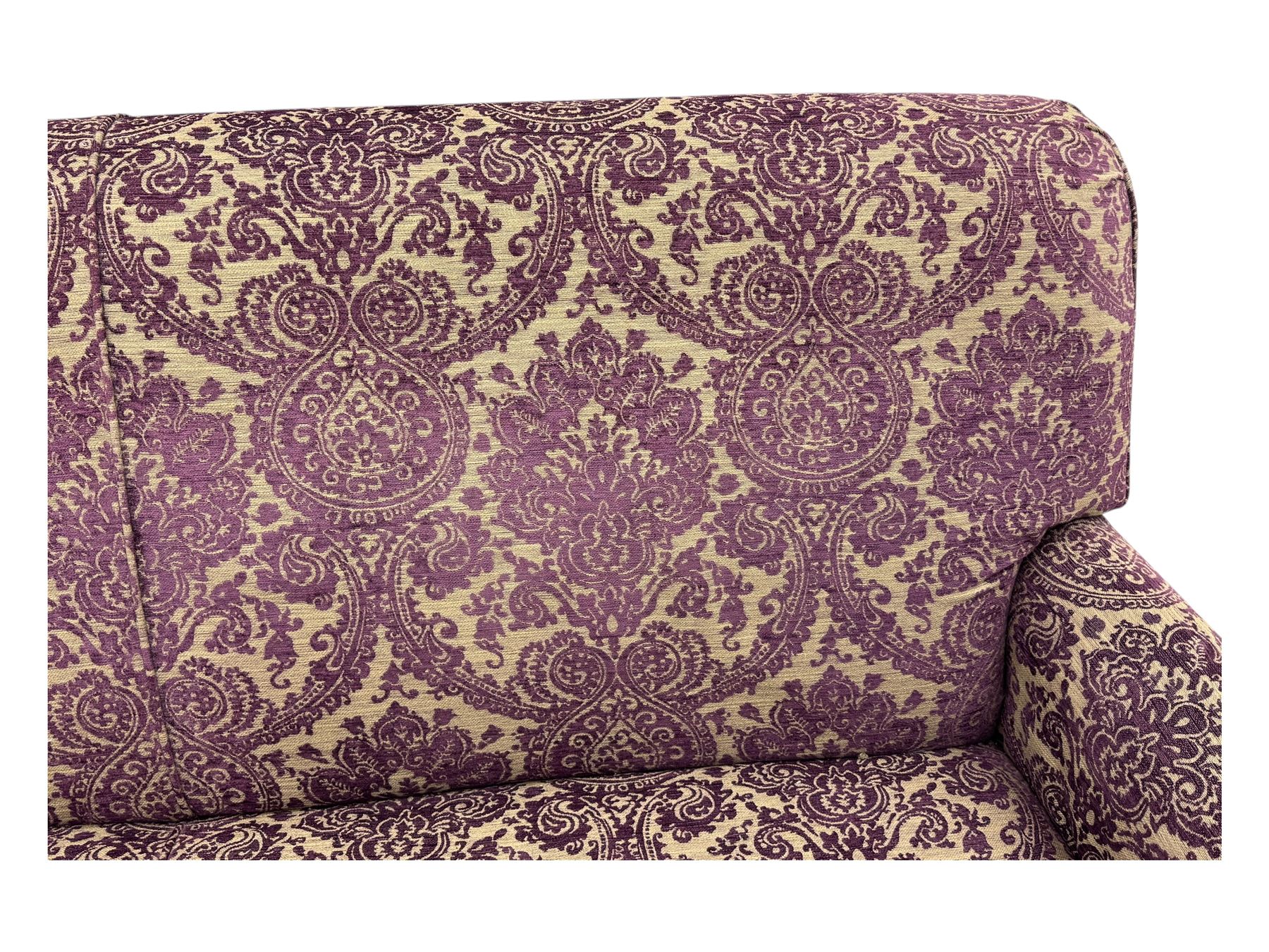 Multi-York - contemporary two-seat sofa, upholstered in damask fabric in shades of burgundy and beige, raised on turned and fluted supports; complete with matching footstool