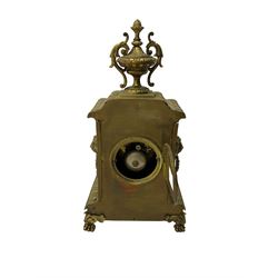 French - 19th century 8-day brass cased mantle clock, with a stepped pediment surmounted by a decorative urn, rectangular case with lion’s head side pieces on a stepped plinth raised on paw feet, enamel dial with a pierced brass centre, roman numerals, minute markers and steel fleur di Lis hands, with an eight-day French countwheel striking movement striking the hours and half-hours on a bell. With pendulum.
