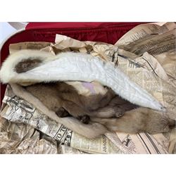 Scout uniform and scout books, together with a vintage suitcase, and mink stoles 