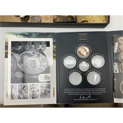 Great British and World coins and banknotes, including pre-decimal coinage, Britain's first decimal coins sets in blue folders, silver one yen coin converted into a brooch, commemorative crowns etc