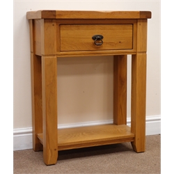  Solid oak lamp table, single drawer, square supports joined by undertier, W60cm, H77cm, D30cm  