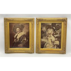 A pair of framed crystoleums, the first example after Gainsborough, Portrait of Georgiana, Duchess of Devonshire, the second example after Frans Hals, The laughing cavalier, each in gilt frame, H50.5cm L42.5cm. 