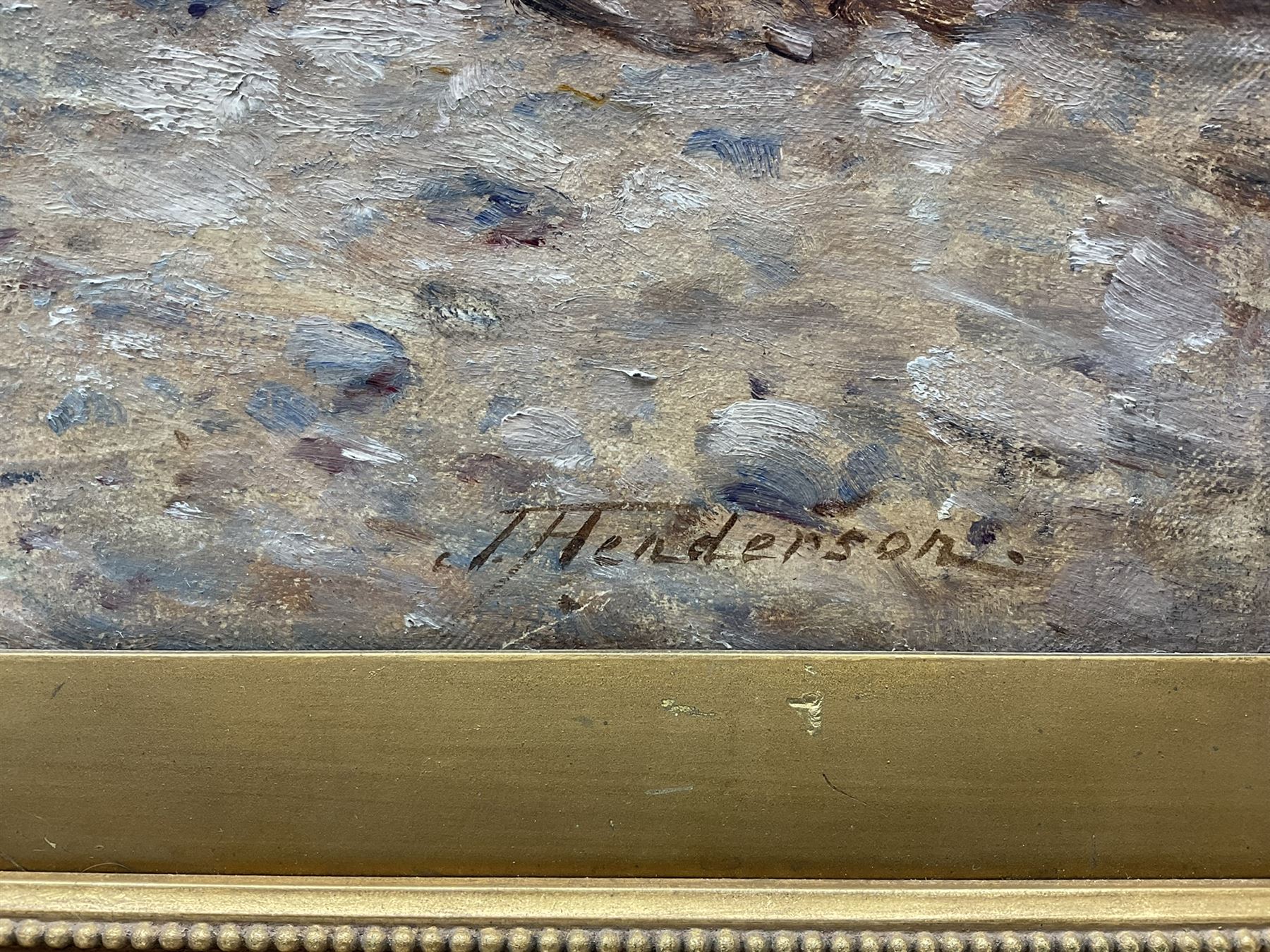 Joseph Henderson RSW (Scottish 1832-1908): ’Cleaning the Nets’ with a Rowing Boat on the Shore, oil on canvas signed, titled on the stretcher 70cm x 111cm