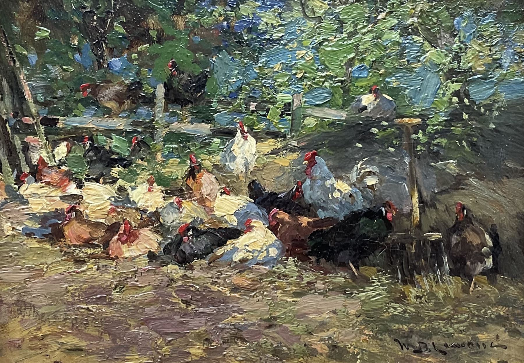 William Bradley Lamond (Scottish 1857-1924): Poultry, oil on board signed 16cm x 22cm
Provenance: with McEwan Fine Art, Aberdeen, label verso