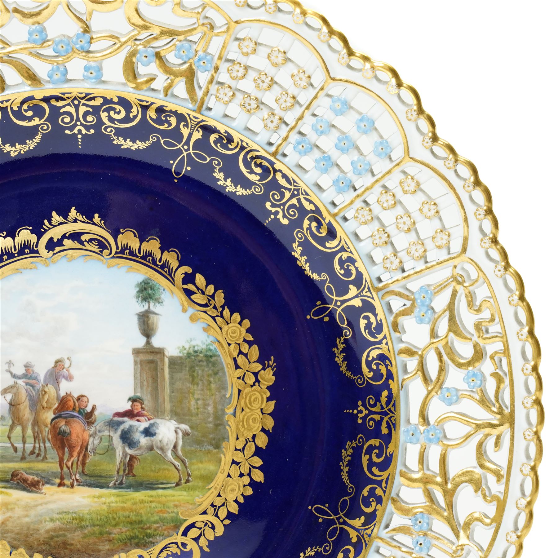 19th century Meissen cabinet plate, the reticulated border modelled with trellis panels and forget-me-nots,  the cobalt blue well with gilt bordered central reserve painted with a scene of a hunting party after Philips Wouwerman (Dutch 1619-1668), underglaze blue crossed swords and indistinct impressed numbers verso, D26cm
