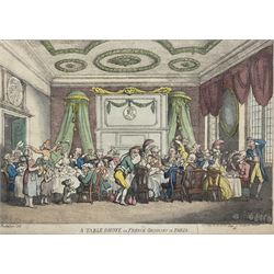 Thomas Rowlandson (British 1756-1827): 'A Table D'Hote or French Ordinary in Paris' and 'Admiral Nelson Recreating with his Brave Tars after the Glorious Battle of the Nile', two engravings with hand colouring pub. 1810 and 1798, respectively; Robert Seymour AKA Shortshanks (British 1798-1836): 'Shaving by Steam', engraving with hand colouring pub. c.1828 E King Chancery Lane max 26cm x 33cm (3)