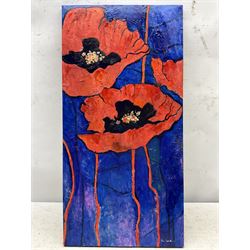 Ann Lamb (British 1955-): 'Poppies Popping', mixed media on canvas signed 60cm x 30cm