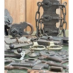Victorian Edwin Cotterill's patent lock with key, a set of three 19th century chain padlocks, two W.E.Colt patent latch locks, a brass plaque engraved Gibbons London, six antique keys, etc.  - COLLECTION BY APPOINTMENT FROM: The White House, Thirsk Road, Easingwold, York, YO61 3NF - CALL 01723 507111 TO ARRANGE