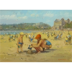 Richard Marshall (British 1944-2006): Children on the Beach at Scarborough, oil on canvas board signed 23cm x 32cm Provenance: with T B & R Jordan Stockton-on-Tees Exh. 2007, label verso  DDS - Artist's resale rights may apply to this lot    