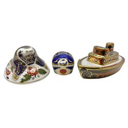 Three Royal Crown Derby paperweights, comprising Millenium Bug with gold stopper, Mole with gold stopper and from the treasures of childhood collection Tugboat, without stopper, all with original boxes