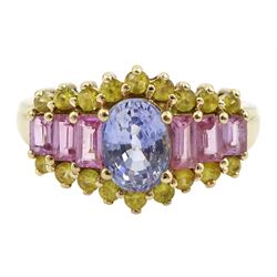 9ct gold blue, pink and yellow sapphire dress ring, hallmarked