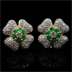  Pair of 18ct gold diamond and emerald flower head ear-rings  
