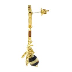 Pair of silver-gilt Baltic amber honey bee pendant stud earrings, stamped 925