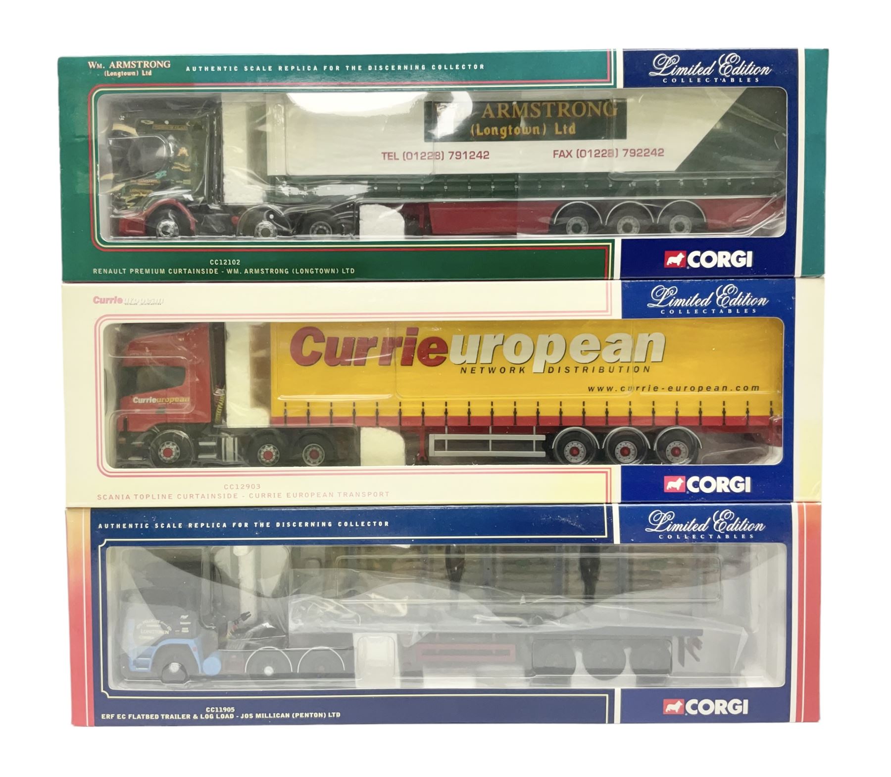 Corgi - three limited edition lorries; CC11905 ERF EC Flatbed Trailer & Log Load Los Millican (Penton) Ltd; CC12102 Renault Premium Curtainside Wm.Armstrong (Longtown) Ltd; and CC12903 Scania Topline Curtainside Currie European Transport; all boxed (3)