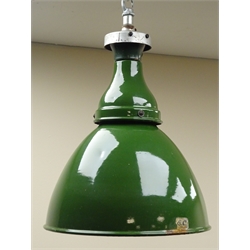  Benjamin 'Saaflux' industrial green enamel pendant light fitting, impressed makers marks, H54cm   