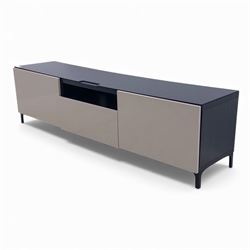 IKEA - contemporary black and beige low media unit, rectangular form with high-gloss black top and beige panelled doors, fitted with central open shelf and twin cupboards, push to open doors and drawers, raised on short bracket feet
