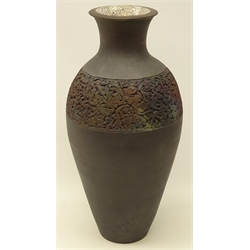  Raku fired vase of baluster form, with textured applied panel and crackle glaze interior, impressed monogram, attributed to John Wood, bearing exhibition label, H47cm   