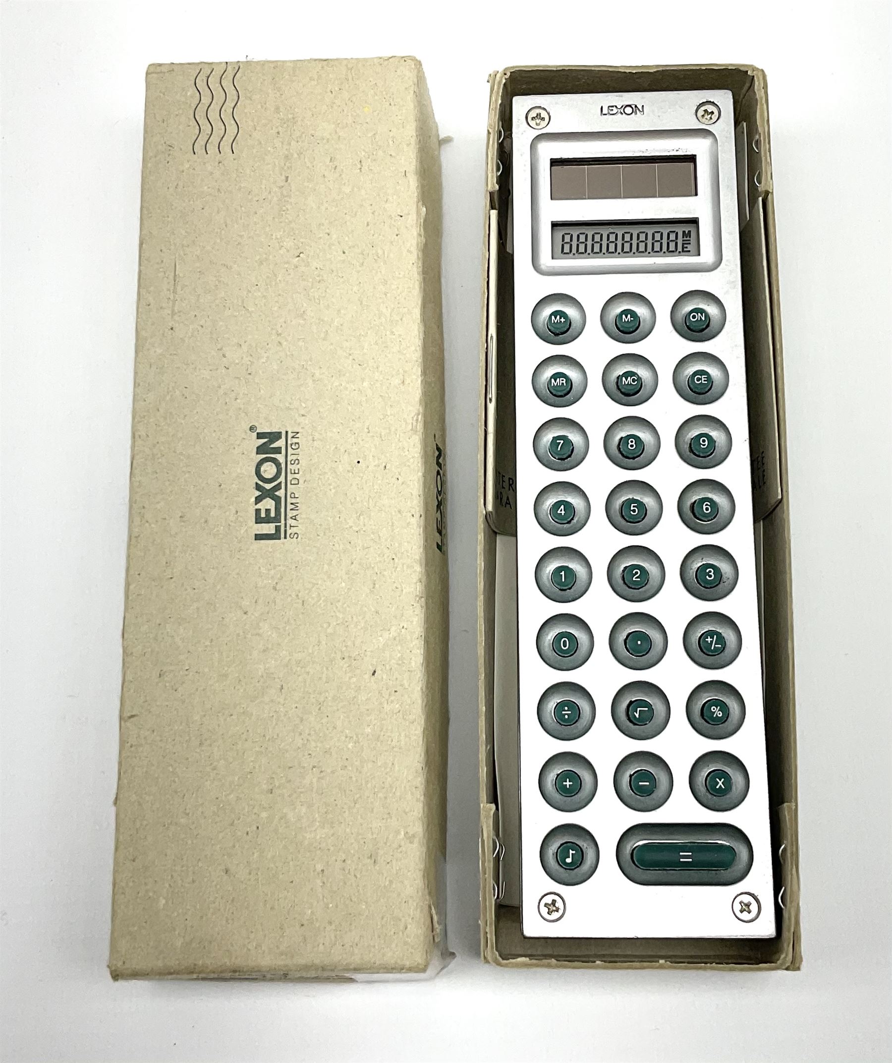 Lexon Stamp Design eight digit liquid crystal display calculator designed by J.M. Massaud H15.5cm; in original box with paperwork