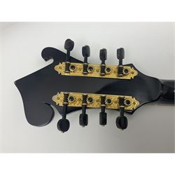 Eastern F-hole eight-string mandolin with black finish and mother-of-pearl inlay of a man riding a winged horse/unicorn amongst clouds and stars with playing card suits to the fingerboard L71cm