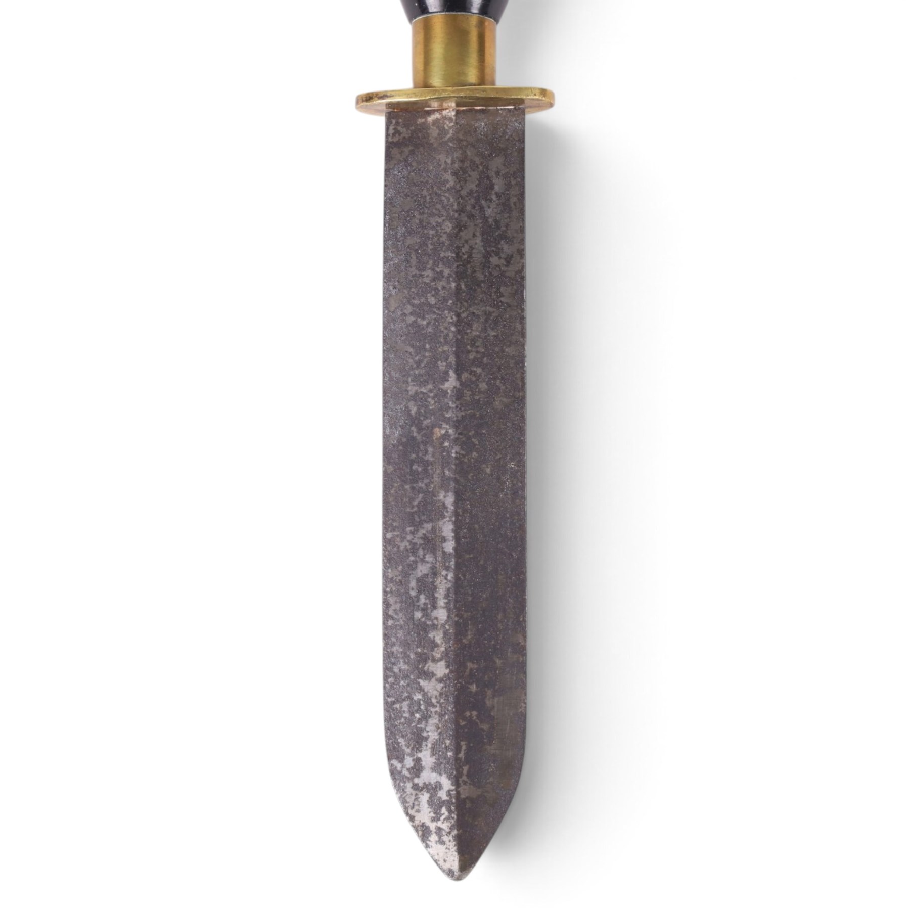 1930s German diver's knife by Siebe Gorman & Co, with double edged 20cm blade, brass crossguard and turned Bakelite handle, housed within brass scabbard with leather belt-loop